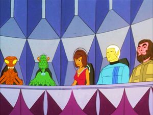 Sitting at the conference table are members of the ruling council of this pocket dimension, including an insectoid, a Phylosian,  a lady with no nose, a Vulcan and a Tellarite.