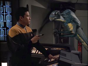Harry is standing at his station on the Voyager Bridge. He is facing a small, airborne, lizard-like creature which is baring its teeth at him.  He is pointing a phaser at the creature and looking like an actor unsure of where his line of sight should be.