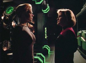 Seven and Janeway glare at each other across the Cargo Bay. Seven seems taller and calmer than the Captain.