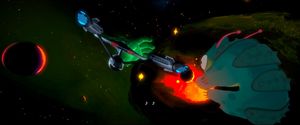 The Enterprise flies past a colorful nebula, a giant green hand and a small red planet, while in the foreground a blue-green tardigrade creature looks on.