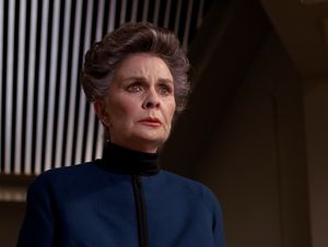 Jean Simmons as Admiral Norah Satie, looking like she has just realised that she has completely destroyed her career. (Satie, not Simmons.)