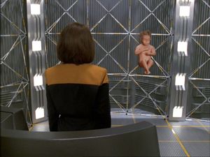 B’Elanna on the holodeck looking at her horrific CGI baby.