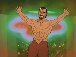 Standing in front of the viewscreen on the bridge of the Enterprise, swathed in otherworldly light, is a crudely-drawn satyr, upsettingly ripped and shredded, with his arms in the air and a cheery smile on his face. 