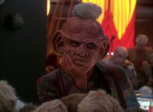Quark is sitting at the bar, resting his chin in his hand and looking fed up. On top of his head is a tribble, and the bar in front of him is covered in the fuzzy little animals.