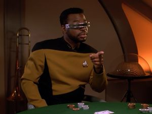 In an image familiar from a well-known meme, a handsomely bearded Geordi LaForge expresses his approval by pointing with his index finger.