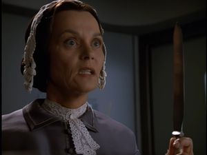 Carolyn Seymour dresses as a Regency-era housekeeper turns up at the door of Janeway's quarters with a massive knife. She looks quite cross.
