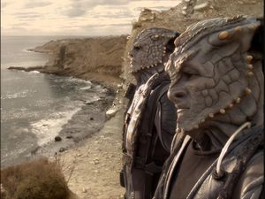 On a sunny day, two Jem'Hadar warriors are standing on a cliff,  looking out to sea.