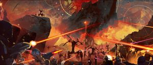 A painting or a comic book panel depicts a deadly space war. Phaser beams cross the frame, one of them striking a large hunk of rock in the middle. On the ground below are people and the strange elongated bodies of robots bristling with weapons. On a cliff high above is the silhouette of another of these robots. And in the sky are strange patterns. A clock? A blueprint? It's like the cover of the most stylish and action-packed Nebula Award-winning book of the 1960s.